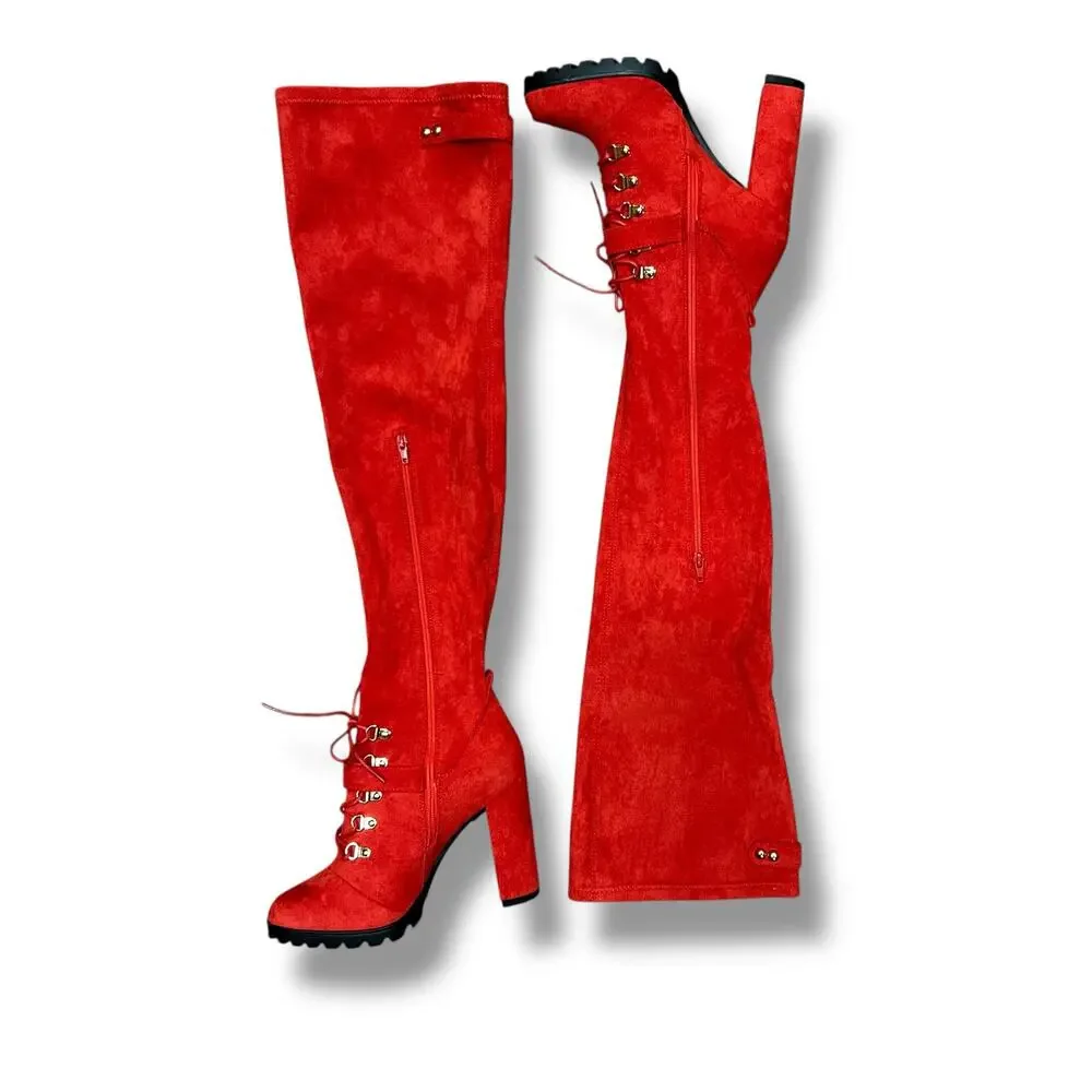 Shoedazzle Evadne Thigh Boot Sz 9 Red Faux Suede Over Knee OTK Lug Sole 4